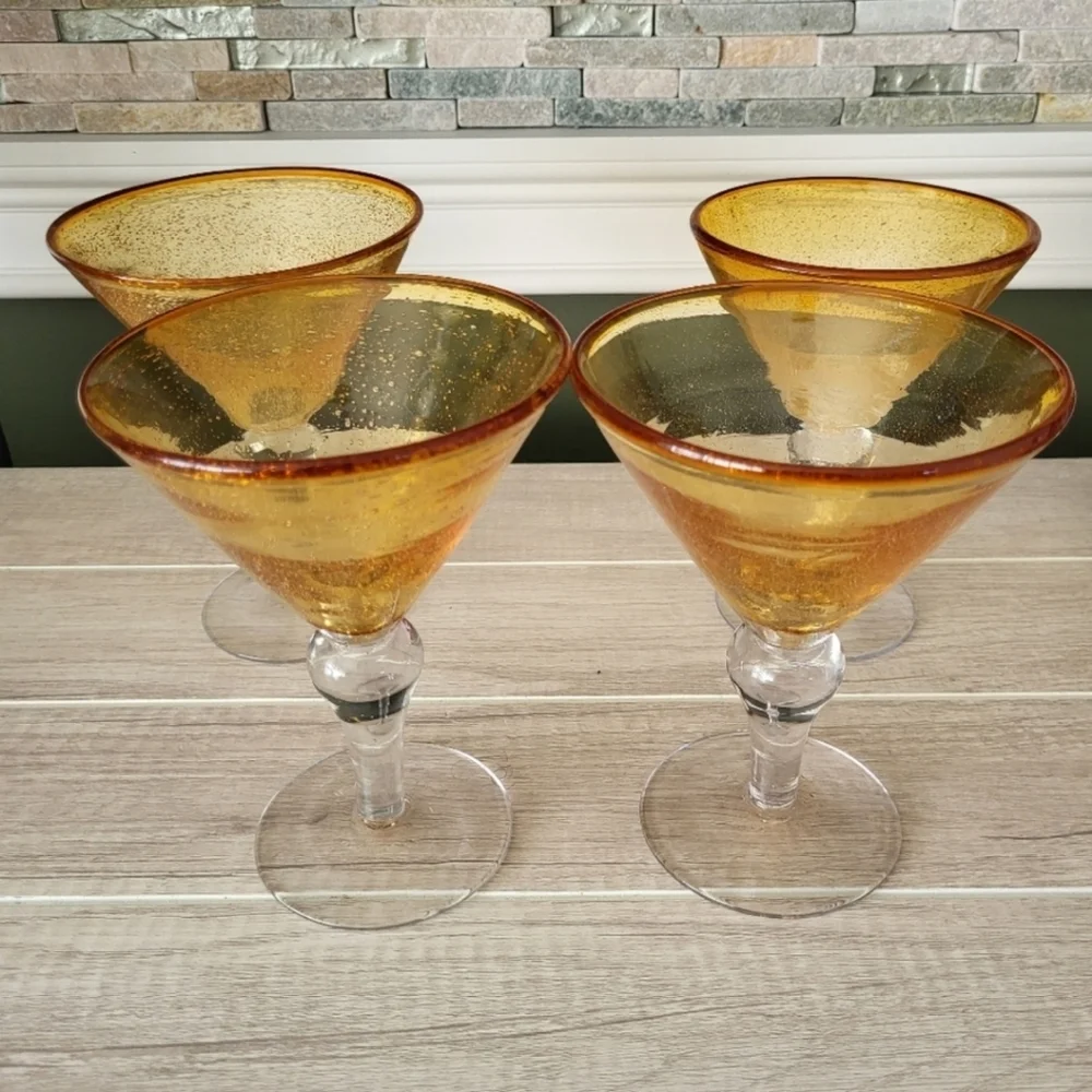 Pier 1 Amber Bubble Blown Martini Glasses Set‎ of 4